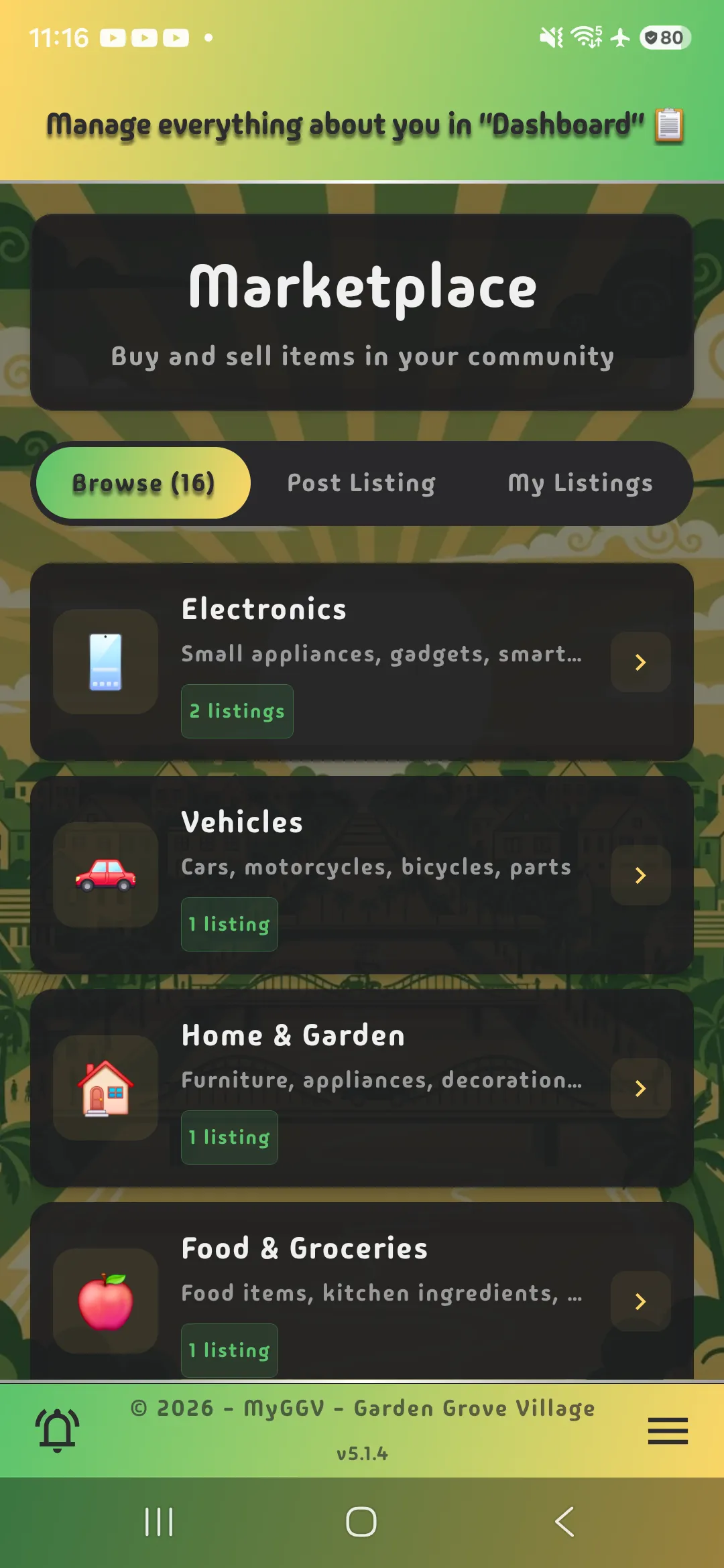 MyGGV marketplace with listing categories